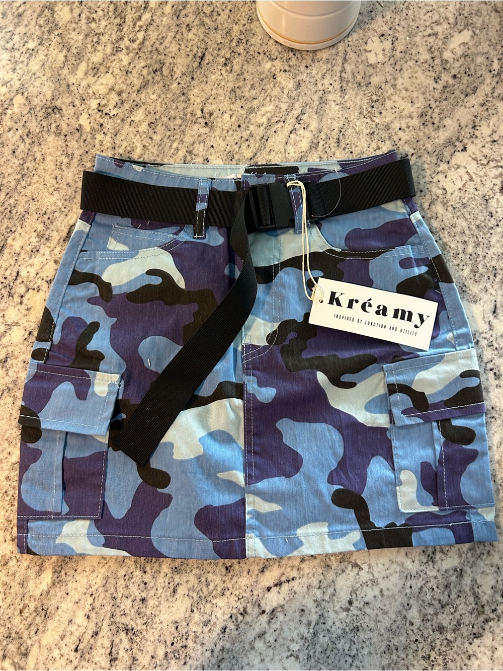 Kreamy brand-Blue Camo Cargo Skirt with Black Web Belt - Kids